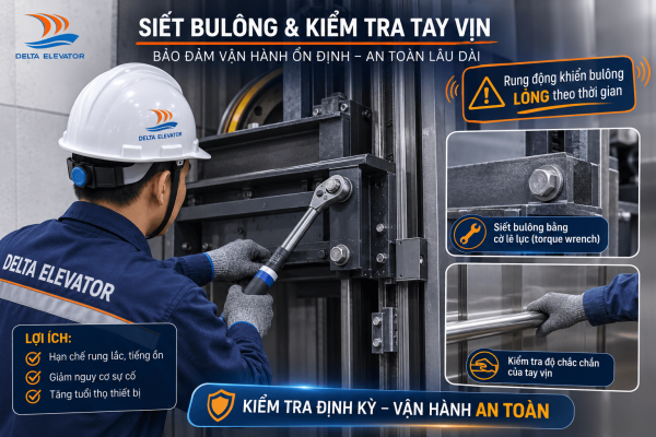 Kiểm tra và siết chặt bulông khung cabin thang máy trục vít định kỳ
