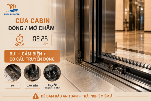 Cửa cabin thang máy đóng mở chậm hoặc phát ra tiếng kêu là dấu hiệu cần bảo trì