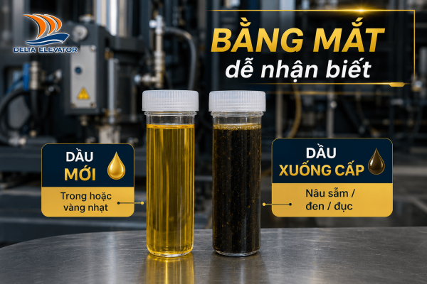 So sánh dầu thủy lực thang máy mới màu vàng nhạt và dầu xuống cấp màu nâu sẫm