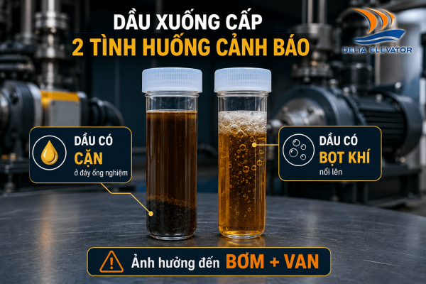 Dầu thủy lực có cặn bẩn hoặc bọt khí là dấu hiệu cần kiểm tra hệ thống thang máy