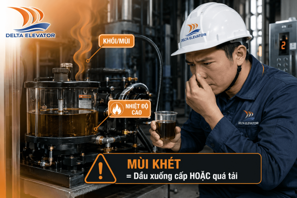 Mùi khét từ dầu thủy lực là dấu hiệu thang máy có thể đang làm việc quá tải
