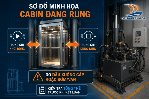 Cabin thang máy thủy lực rung khi khởi động hoặc dừng tầng có thể do dầu xuống cấp