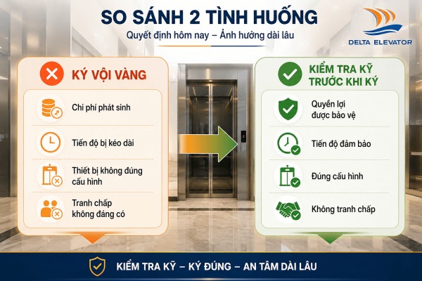 Kiểm tra kỹ hợp đồng lắp thang máy trước khi ký giúp bảo vệ quyền lợi và tránh rủi ro