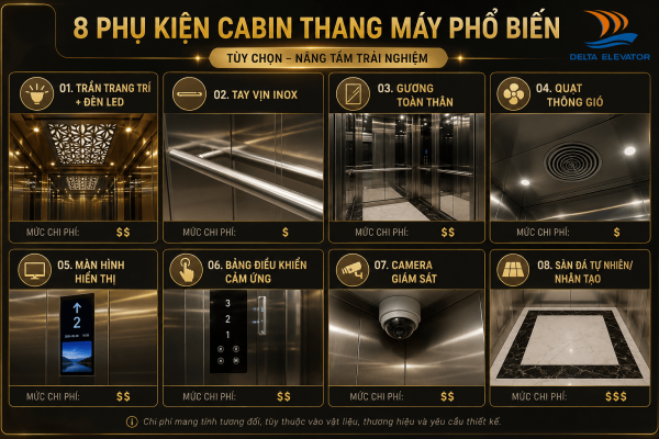 8 Phụ kiện nội thất cabin thang máy phổ biến ảnh hưởng đến chi phí