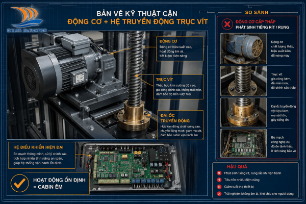 Động cơ và hệ truyền động ảnh hưởng trực tiếp đến độ êm của thang máy trục vít