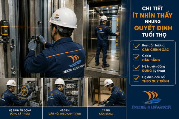 Kỹ thuật viên Delta thi công lắp đặt thang máy đúng kỹ thuật để đảm bảo độ bền lâu dài