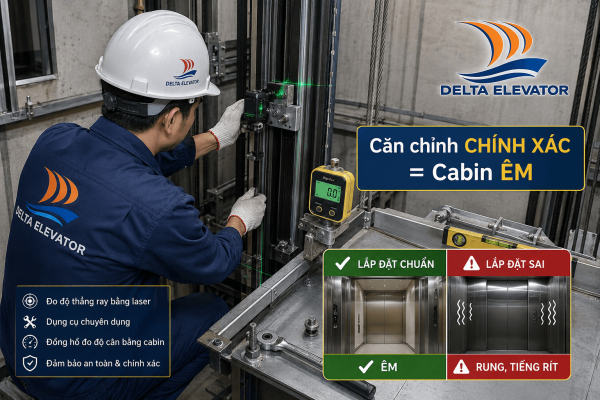 Kỹ thuật viên Delta căn chỉnh ray dẫn hướng thang máy trục vít đúng kỹ thuật
