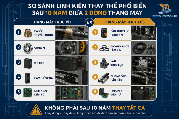 So sánh các linh kiện thường phải thay thế sau 10 năm sử dụng của hai công nghệ thang máy