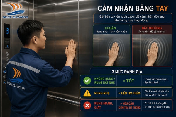 Kiểm tra độ rung cabin thang máy trục vít bằng cách đặt tay lên vách khi vận hành