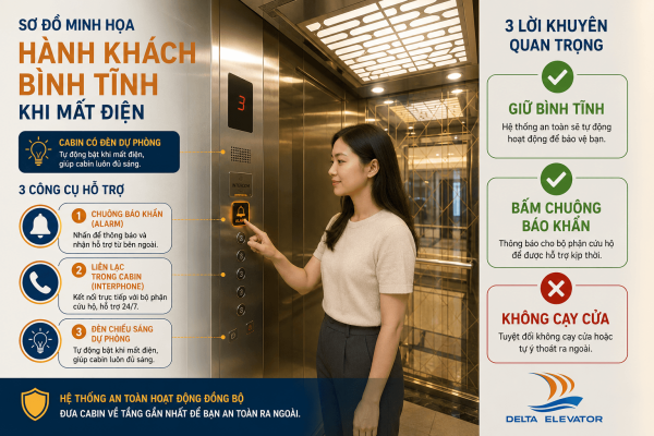 Người bên trong cabin thang máy khi mất điện cần giữ bình tĩnh và sử dụng chuông báo khẩn