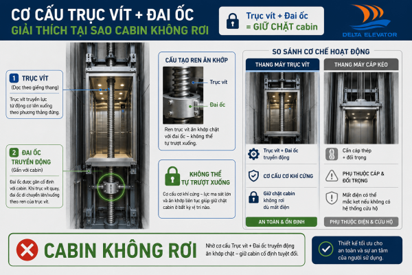 Cơ cấu trục vít và đai ốc truyền động giữ cabin thang máy an toàn không bị rơi khi mất điện