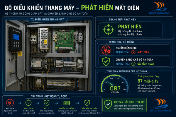 Bộ điều khiển thang máy phát hiện mất điện và chuyển sang chế độ xử lý an toàn