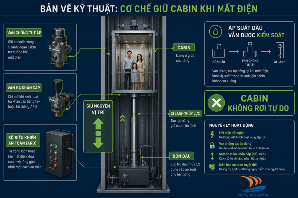 Cabin thang máy thủy lực không rơi tự do khi mất điện nhờ hệ thống van an toàn