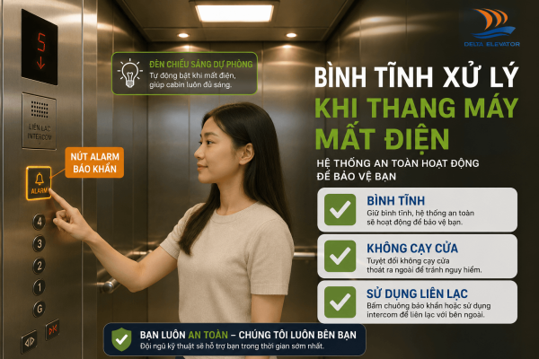 Người sử dụng bình tĩnh bấm nút báo khẩn khi thang máy mất điện giữa chừng