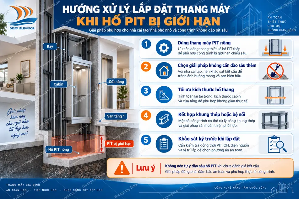 Hướng xử lý lắp đặt thang máy khi hố PIT bị giới hạn Hướng xử lý lắp đặt thang máy khi hố PIT bị giới hạn